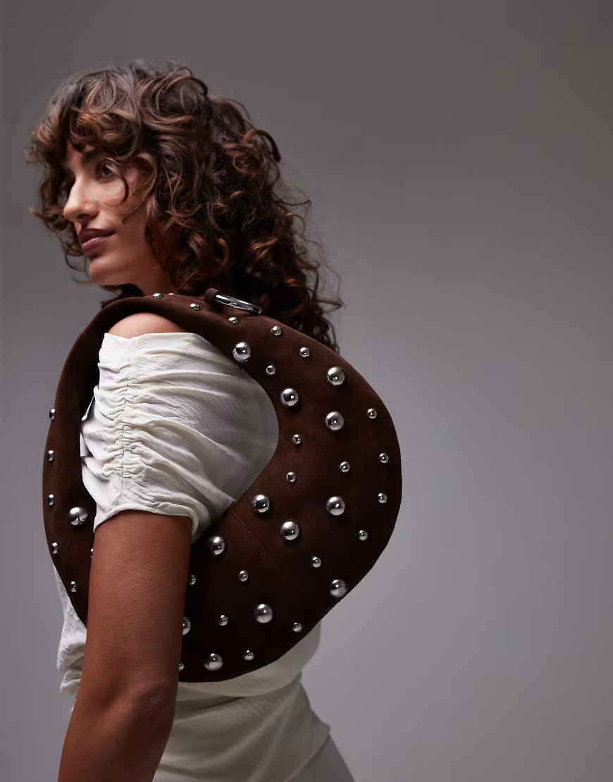 Mango leather studded hoop detail bag in brown | ASOS (Global)