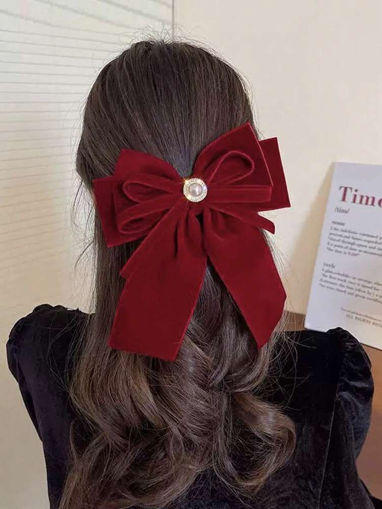 1pc Vintage Velvet Red Bow Pearl Large Spring Clip Hair Accessory For Girls | SHEIN