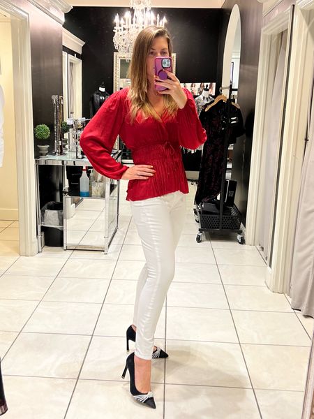 I encourage you to wear more red! It’s great during the holidays and also in February 😍 These shoes though — stunning! 

Blouse and jeans runs TTS. Wearing size medium on top and 6 on bottom. Heels are TTS too 🥰

#LTKHoliday #LTKshoecrush #LTKworkwear