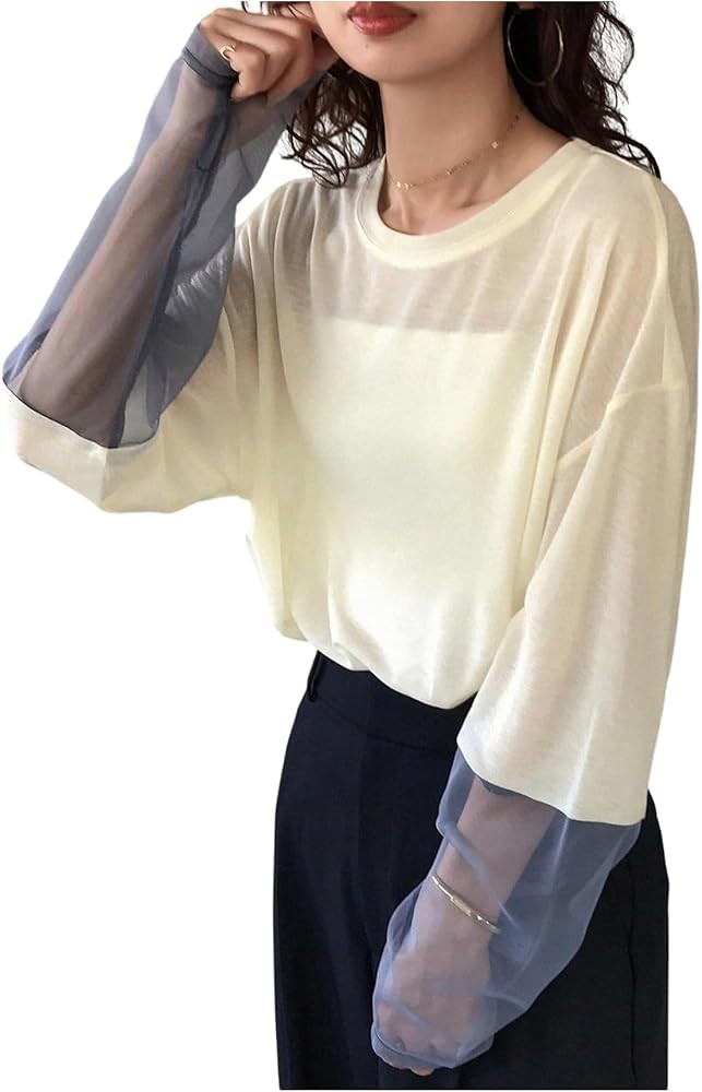 SweatyRocks Women's Mesh Long Sleeve Tops See Through Sheer Shirts Oversized Going Out Top | Amazon (US)