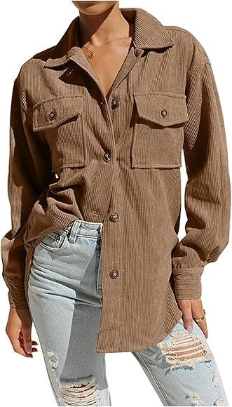 Lazutom Womens Corduroy Button Down Shirt Baggy Blouses Tops Long Sleeve Casual Shacket Jacket | Amazon (UK)