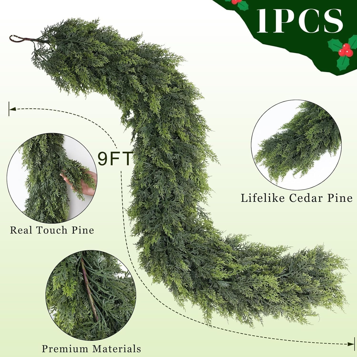Real Touch Christmas Cedar Garland -9ft Artificial Garlands Faux Cedar Fake Pine Needles Garland ... | Amazon (US)