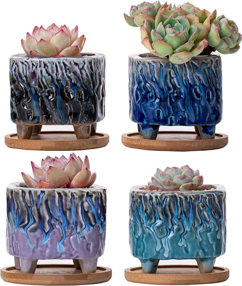 Daveinmic Succulent Pots,3.5 inch Small Plant Pots with Drainage Hole and Bamboo Tray,Colorful Su... | Amazon (US)