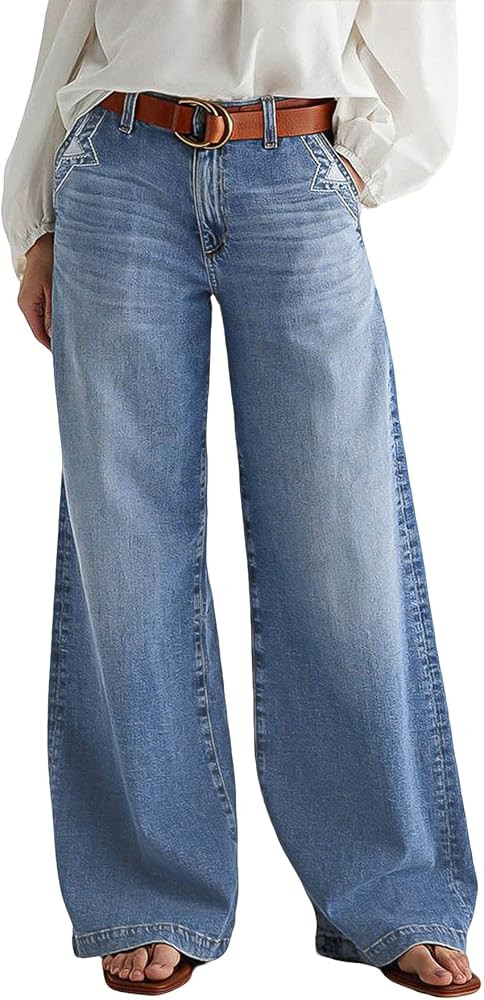 Flamingals Wide Leg Jeans for Women Mid Waist Baggy Stitch Decor Denim Washed Pants Without Belt | Amazon (US)