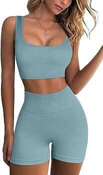 FAFOFA Workout Sets for Women 2 Piece Seamless Ribbed Crop Tank High Waist Shorts Yoga Outfits | Amazon (US)