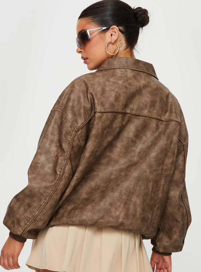 Goldsmith Faux Leather Bomber Jacket Washed Brown | Princess Polly US