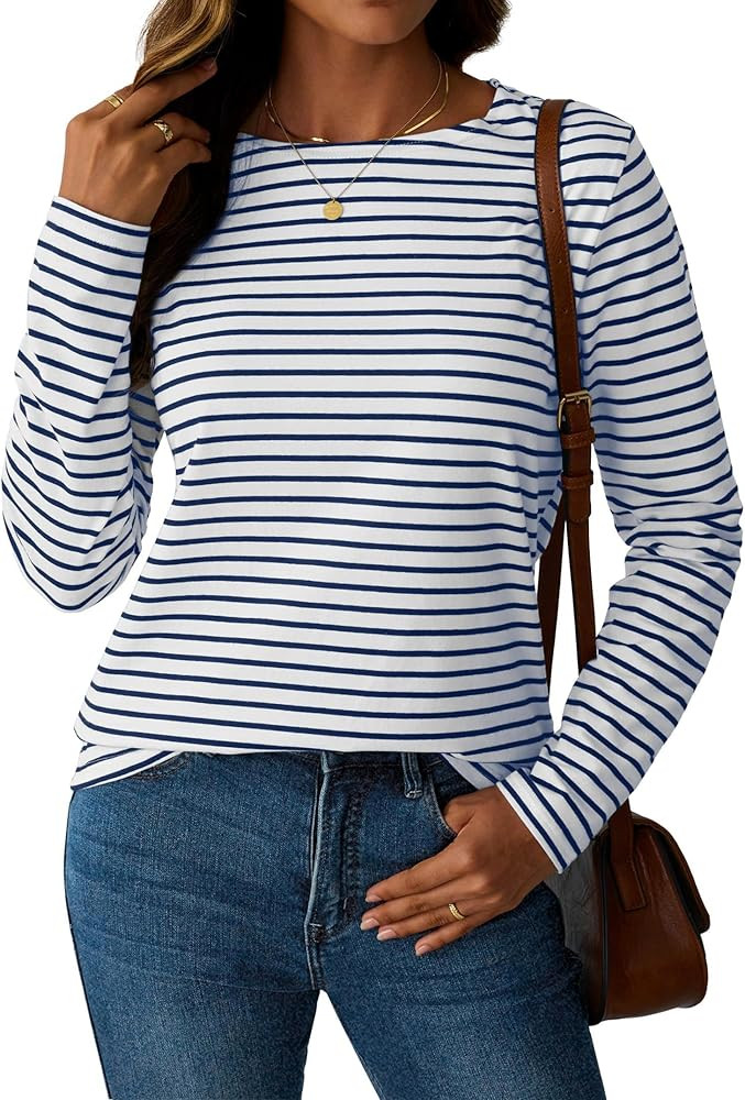 LilyCoco Womens Striped Long Sleeve Shirt Boat Neck Tops Breton Loose Fit Tshirt | Amazon (US)