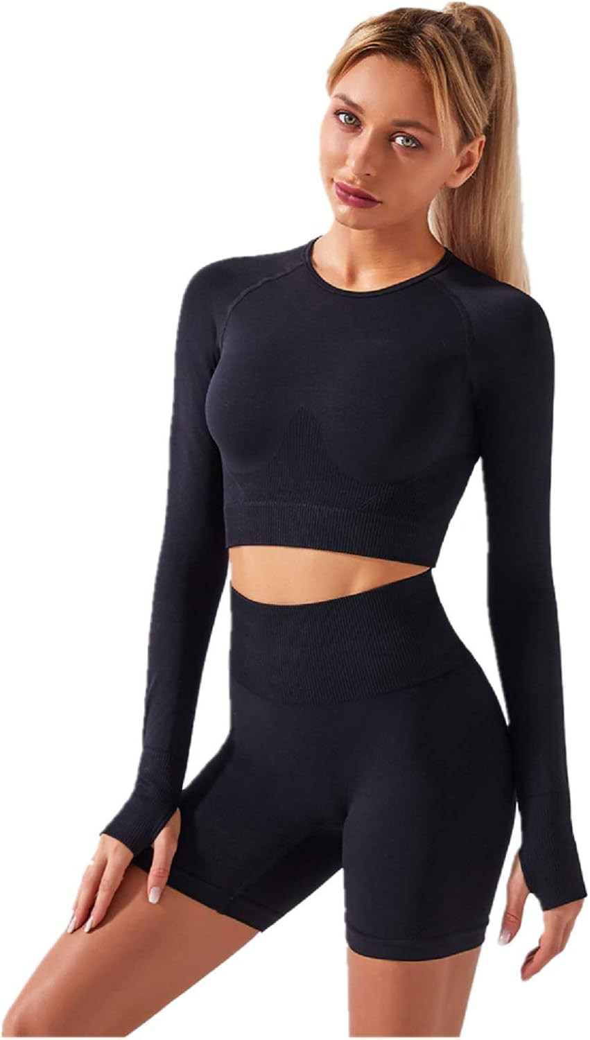 Women Seamless Yoga Outfits 2 Piece Workout Short Sleeve Crop Top with High Waisted Running Short... | Amazon (US)