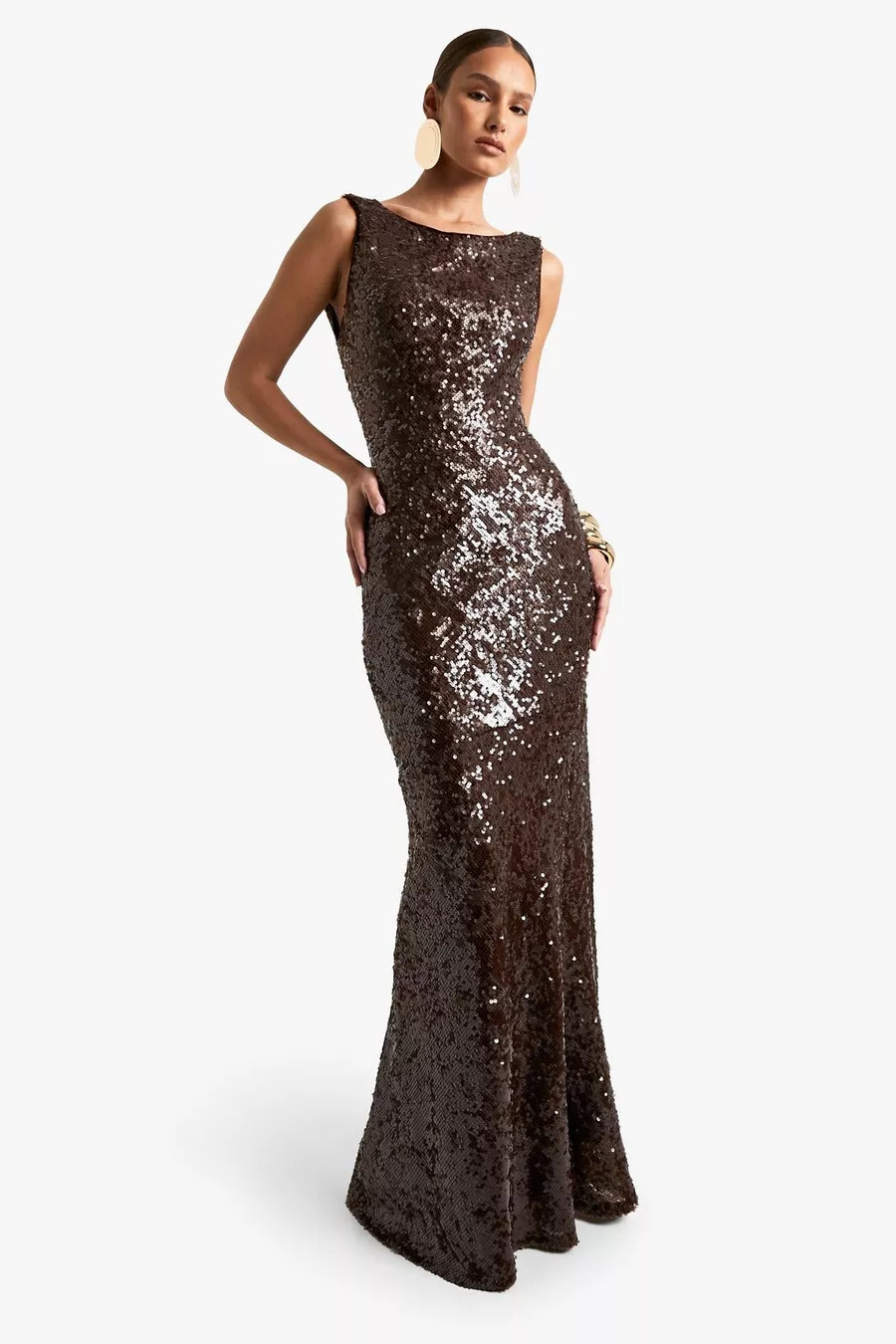 Cowl Back Sequin Fit And Flare Maxi Dress | boohoo (US & Canada)