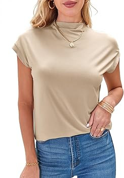 Tankaneo Womens Cap Sleeve Mock Neck Tops Summer Dressy Casual Basic Solid Slim Fitted Shirts | Amazon (US)