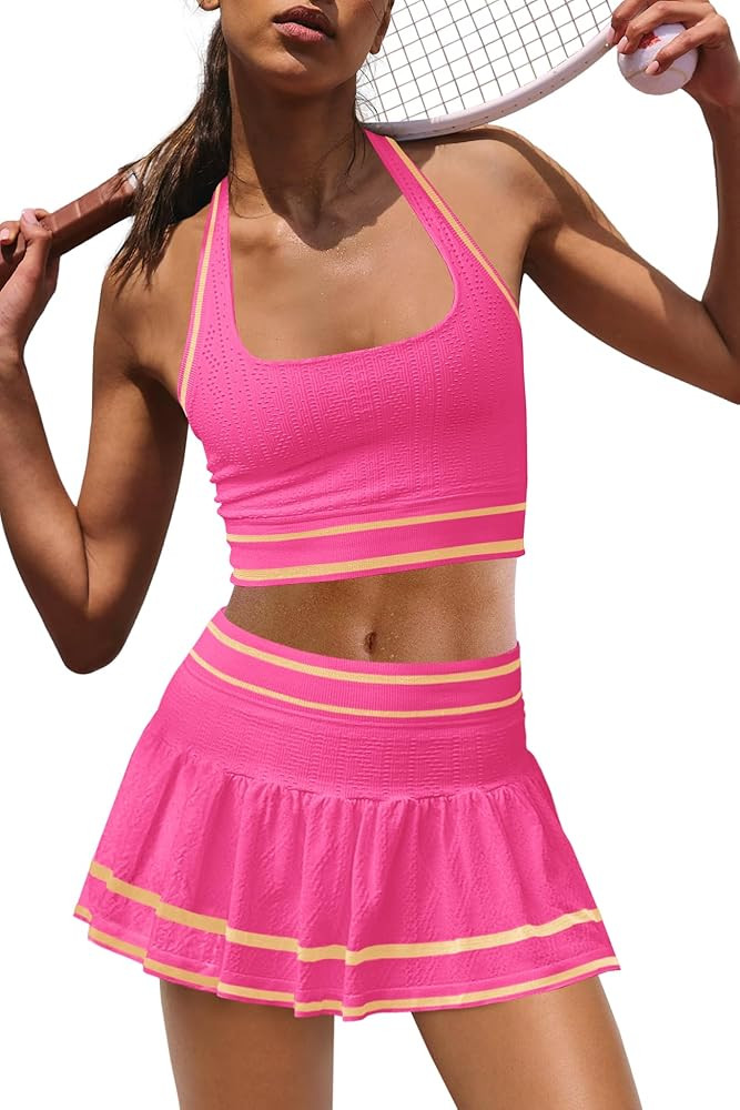 Amazon.com: Yanekop Womens Tennis Skirt Set 2 Piece Workout Sets Golf Outfits Athletic Sets Cropped Tank Top and Skort with Shorts(Neon Pink,XS) : Clothing, Shoes & Jewelry | Amazon (US)