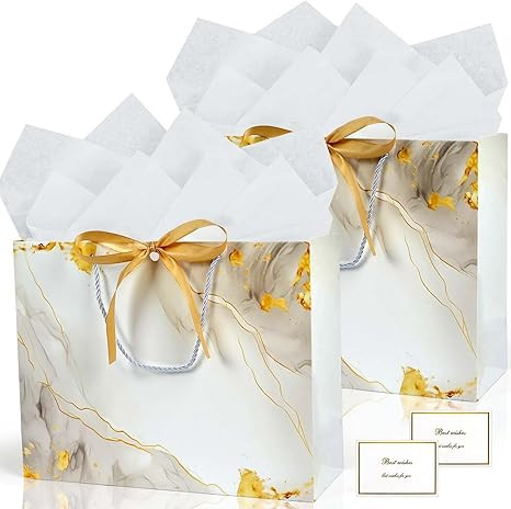 White Gold Gift Bags, 2PCS 13” Large Gift Bags with Tissue Paper and Greeting Cards, Gift Bags ... | Amazon (US)