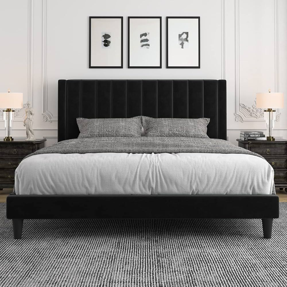 Allewie King Bed Frame/Velvet Upholstered Bed Frame with Vertical Channel Tufted Headboard/Strong... | Amazon (US)