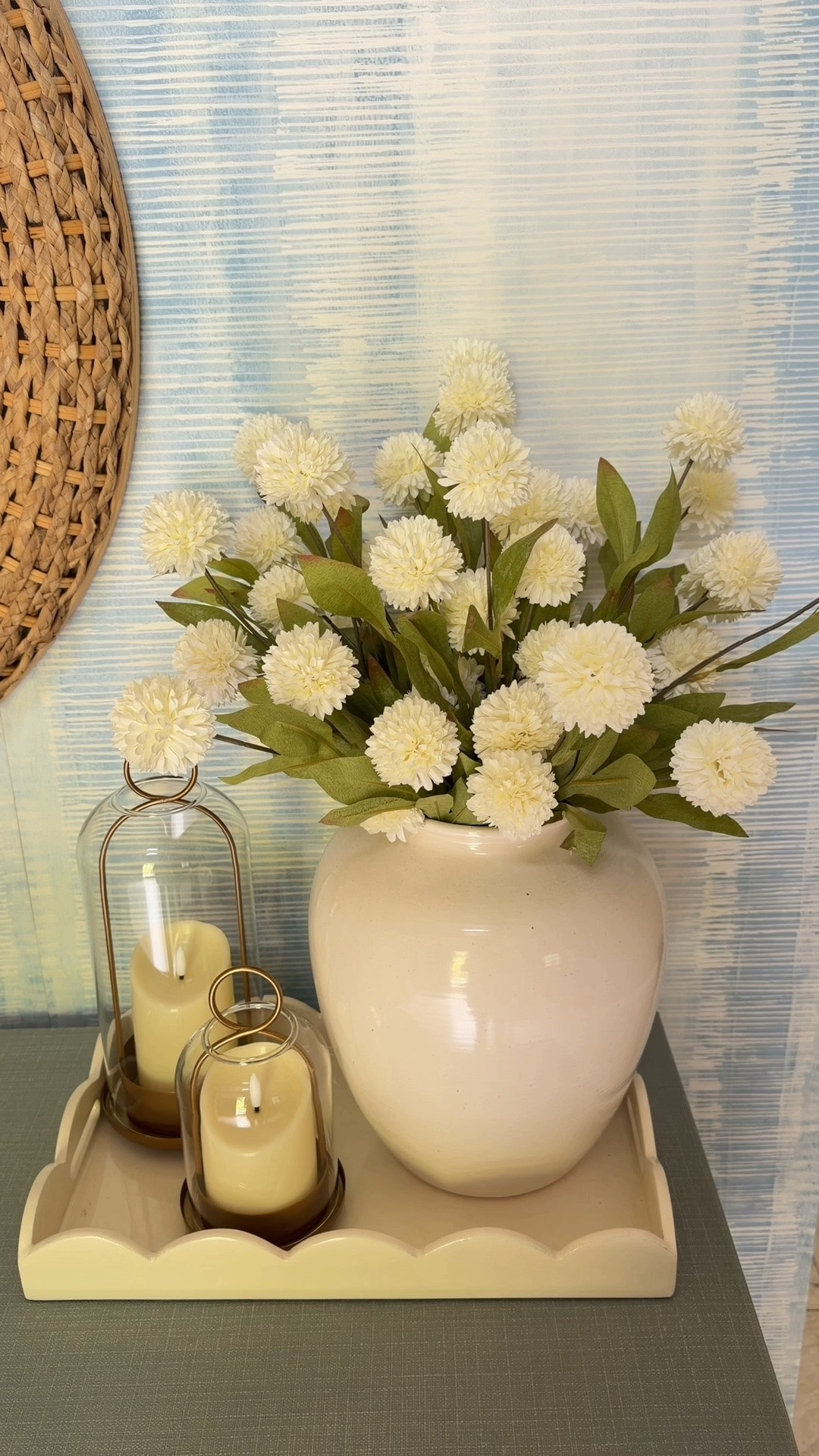 Fall decor does not have to mean orange and brown and this neutral setup is proof 🤍 Faux white pom flowers, soft neutral tones, understated seasonal accents, this is the fall refresh for anyone who loves a more serene and collected look. You can absolutely decorate for the season and stay true to your aesthetic!

#LTKHome #LTKSaleAlert #LTKU