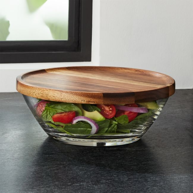 Miles Glass Bowl with Acacia Wood Lid | Crate & Barrel