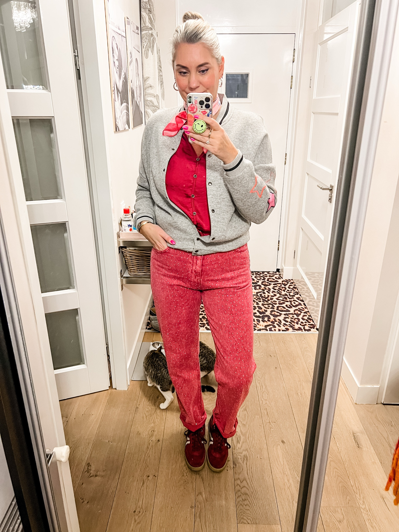 Ootd - Monday. Grey wool bomber jacket (old), raspberry colored satin blouse (Didi), raspberry colored jeans with rhinestones (Most Wanted), burgundy suede sneakers. 

#LTKFashionMonth #LTKeurope #LTKnederlands
