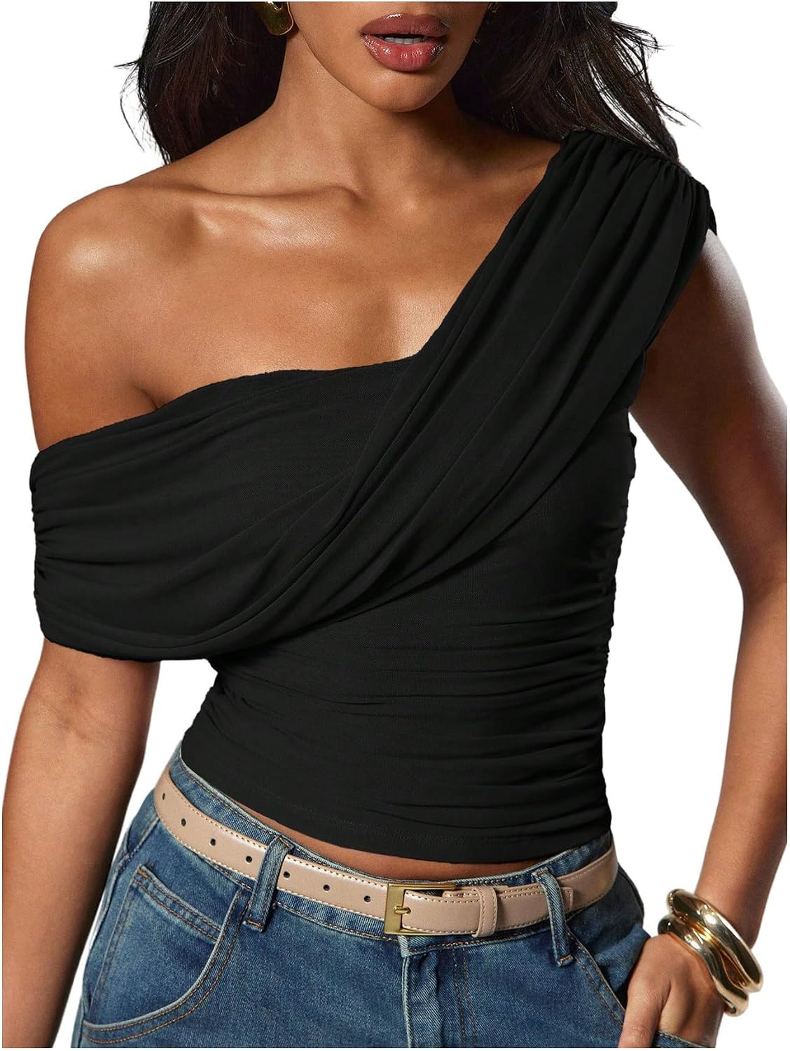 Milumia Women's One Off Shoulder Cropped Mesh Going Out Draped Y2k Tank Top | Amazon (US)