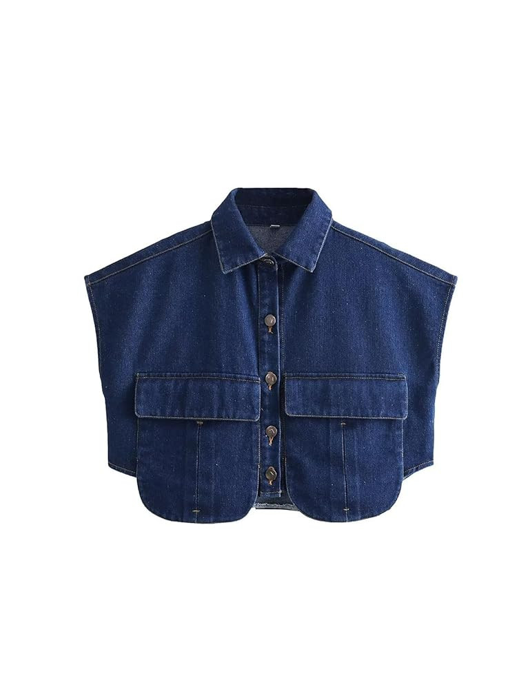 Perbai Womens Cropped Button Down Shirt Summer Collared Sleeveless Loose Denim Top with Pockets | Amazon (US)