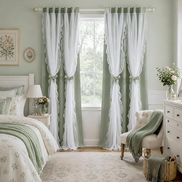 PONY DANCE Sage Green Blackout Curtains with Ruffle Sheer for Girls Bedroom, Shabby Chic Style Do... | Amazon (US)