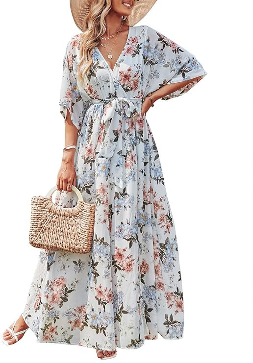 ANRABESS Women’s Summer Loose Boho Flowy Wrap V Neck 3/4 Sleeve Floral Print Slit Beach Wedding... | Amazon (US)