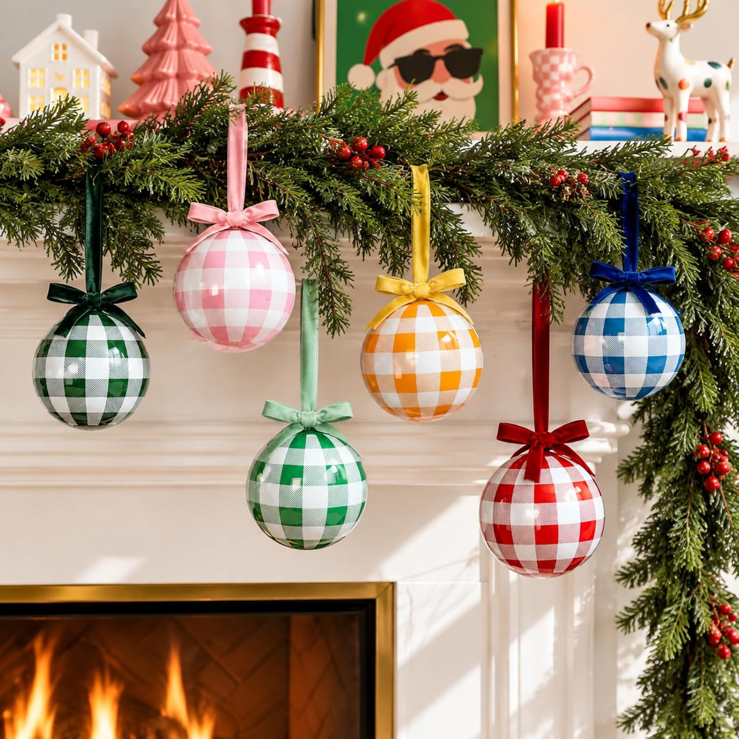 6 Pcs Gingham Plaid Glass Christmas Tree Ornament with Velvet Bow | Amazon (US)