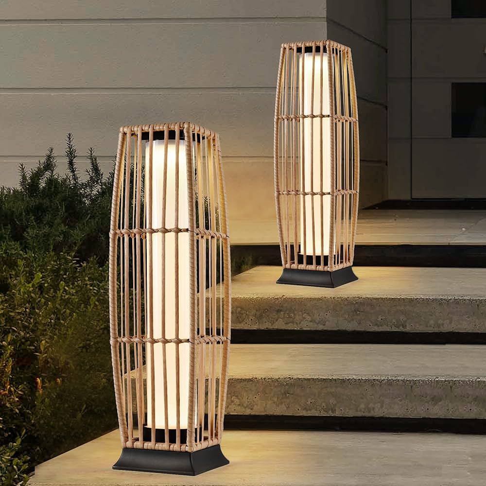 LEDIARY Solar Powered Outdoor Floor Lamp, 2 Piece Resin Wicker Outdoor Lamps, 40 LM Lantern Weath... | Amazon (US)