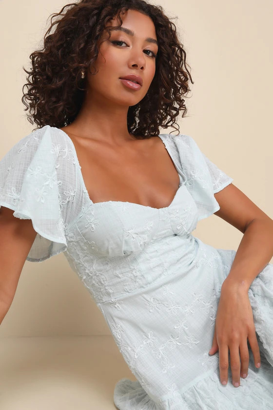 Sweetly Beloved Light Blue Embroidered Floral Bustier Midi Dress Light Blue Dress Baby Blue Dress | Lulus