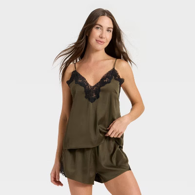 Women's Lace Trim Satin Pajama Tank Top - Auden™ Olive Green XS | Target