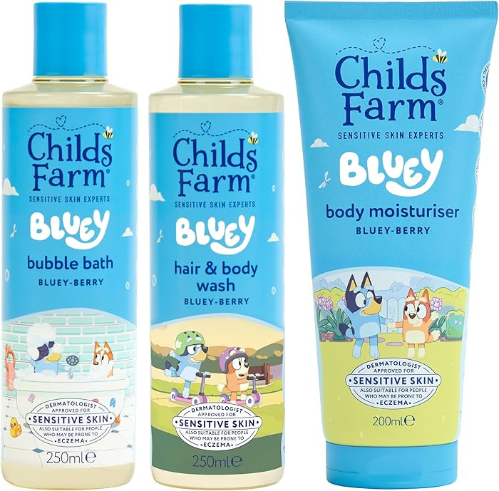 Childs Farm Bluey Regime Bundle | Bluey-Berry Bubble Bath (250ml), Hair & Body Wash (250ml) and Body Moisturiser (200ml) | Suitable for Newborns, Kids & Adults with Sensitive, Dry Skin | Amazon (UK)