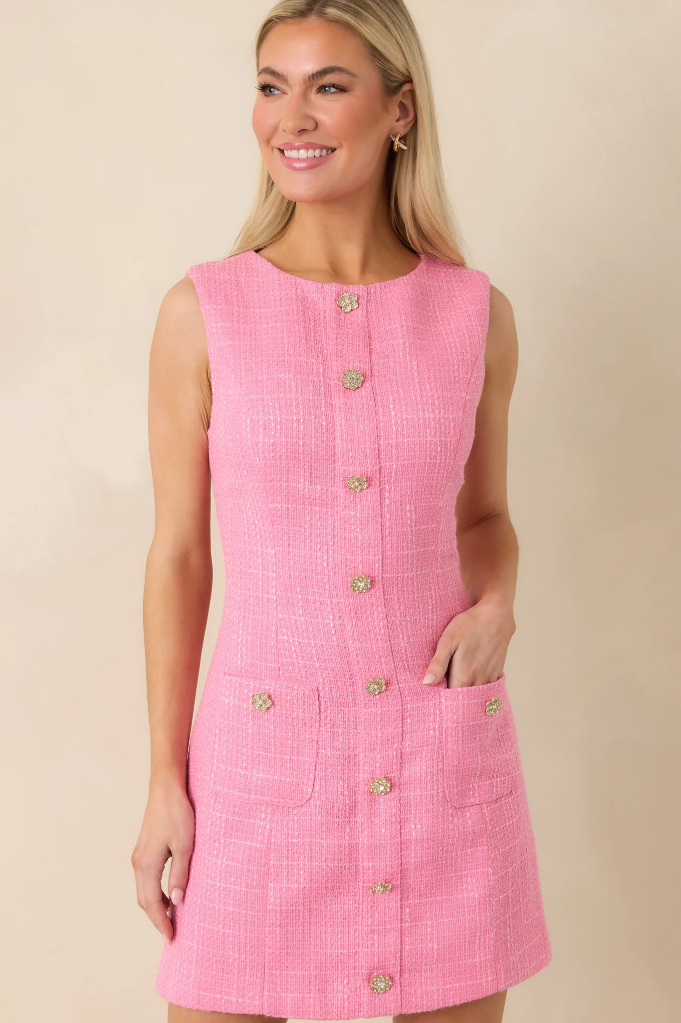 Everyday Daydreams Pink Tweed Shift Mini Dress | Red Dress