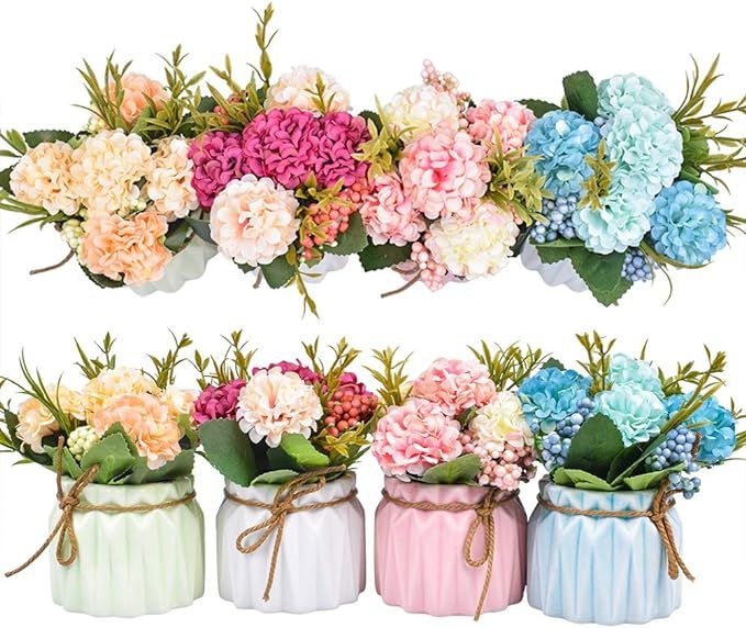 XONOR Artificial Flower Plants – Mini Fake Hydrangea Flowers in Pot for Home Decor Party Weddin... | Amazon (US)