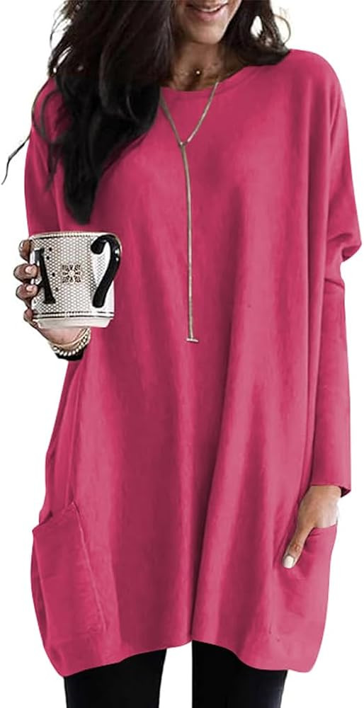 Poetsky Fall Womens Tunic or Tops to Wear with Leggings Long Sleeve Casual Long Shirts with Pocke... | Amazon (US)