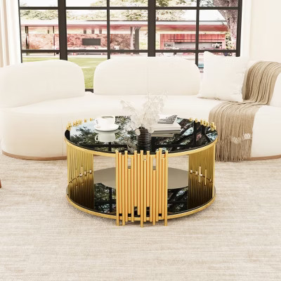 Modern Style Stainless Steel Circular Coffee Table, Black Tempered Glass Countertop | Target
