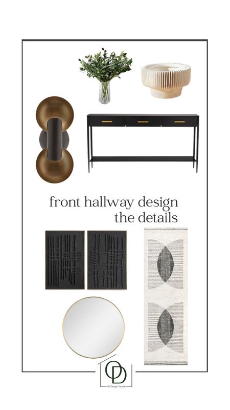 The details of items in today’s modern luxurious console table design board

Black console table with drawers, black 3d textured art, black and brass modern sconces, scalloped low vase, black and white geometric runner, round gold frame mirror, faux olive branch stems

#LTKFind #LTKunder100 #LTKhome