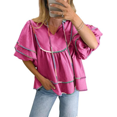 Imily Bela Women's Doll Shirt Top V-Neck Short Lantern Sleeve Blouse Cute Ruffle Flowing Summer Top Bright Pink S | Target