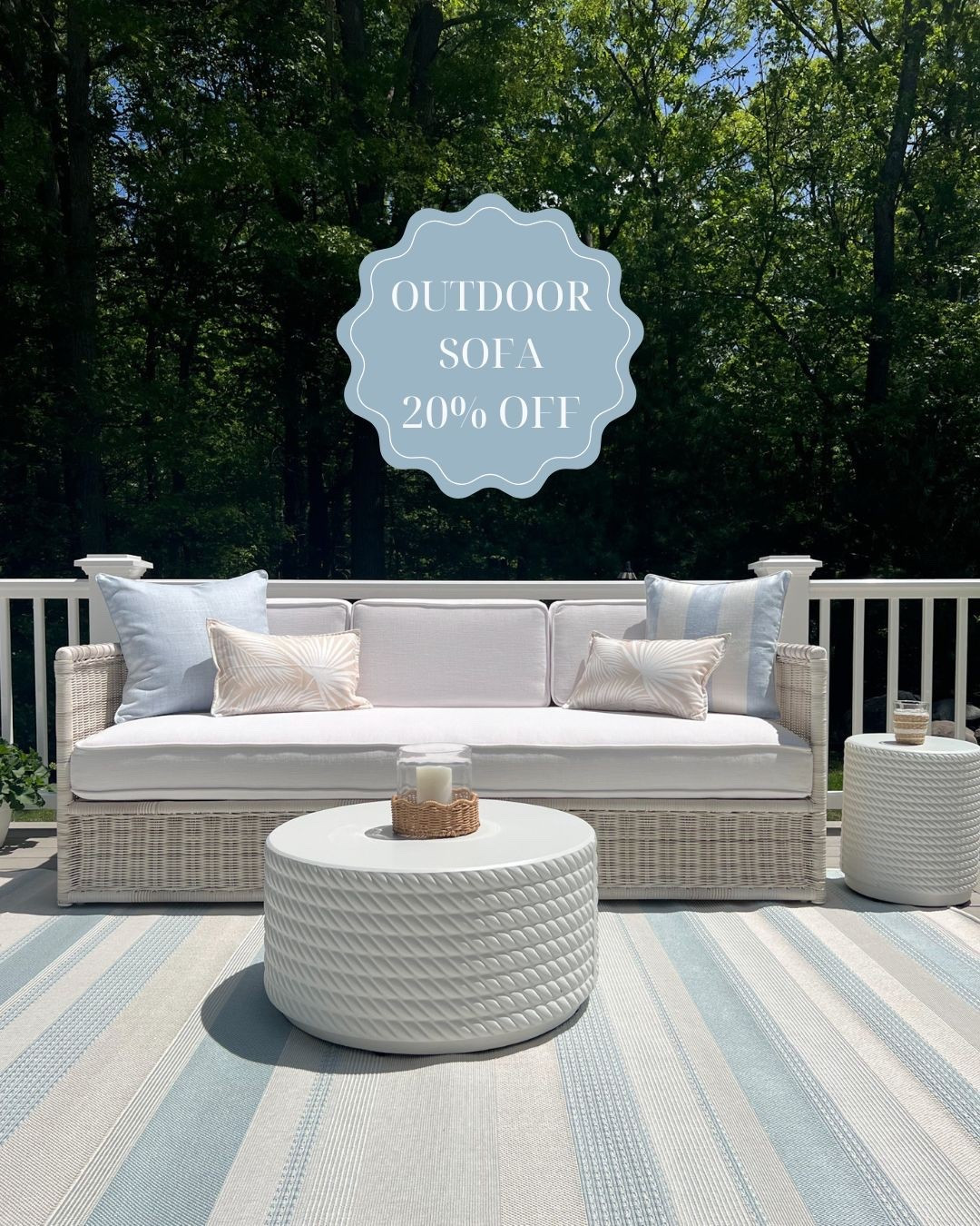 This indoor/outdoor rug was a best seller in April among the Casually Coastal community and my outdoor sofa is 20% off right now!
- 
coastal home decor, coastal style, wayfair outdoor decor, deck decor, patio decor, indoor/outdoor pillows, blue pillows, striped pillows, outdoor couch pillows, indoor/outdoor rugs, outdoor ideas, beach house decor, lake house decor, wayfair outdoor furniture, outdoor coffee tables, outdoor side tables, outdoor drink tables, outdoor rugs, wayfair rugs, white coffee tables, white side tables, round coffee tables, outdoor living room furniture, striped rugs, outdoor couch, Pacifica sofa, serena & lily outdoor furniture, Serena & lily outdoor couch, wicker couch, woven couch

#LTKHome #LTKSeasonal #LTKSaleAlert