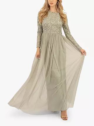 Lace & Beads Belle Embellished Long Sleeve Mesh Maxi Dress, Sage Green | John Lewis (UK)