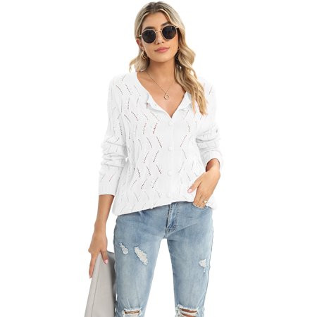 Womens Button Down Cardigan Sweater Thin Knit Lightweight Cardigan Pompon Long Sleeve V Neck Sweater White S-2XL | Walmart (US)