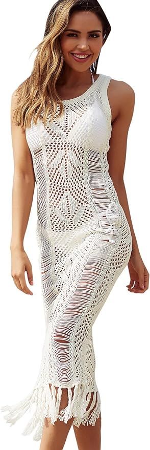 NFASHIONSO Womens Crochet Tassel Beach Wear Cover up Swimwear Bikini Long Maxi Beach Dress | Amazon (US)