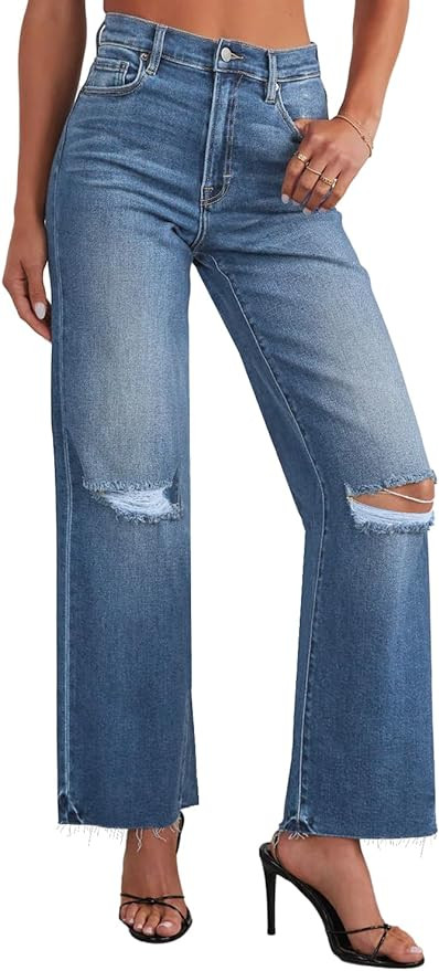 Allimy Women's High Waisted Straight Ankle Wide Leg Ripped Jeans Frayed Hem Stretchy Capri Denim ... | Amazon (US)