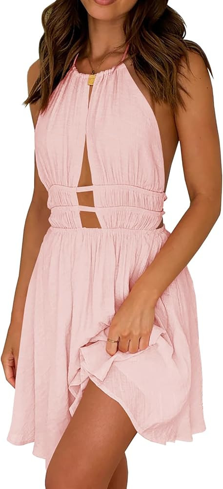 Womens 2024 Summer Sleeveless Halter Dress Solid Color Backless A-line Mini Casual Dress | Amazon (US)