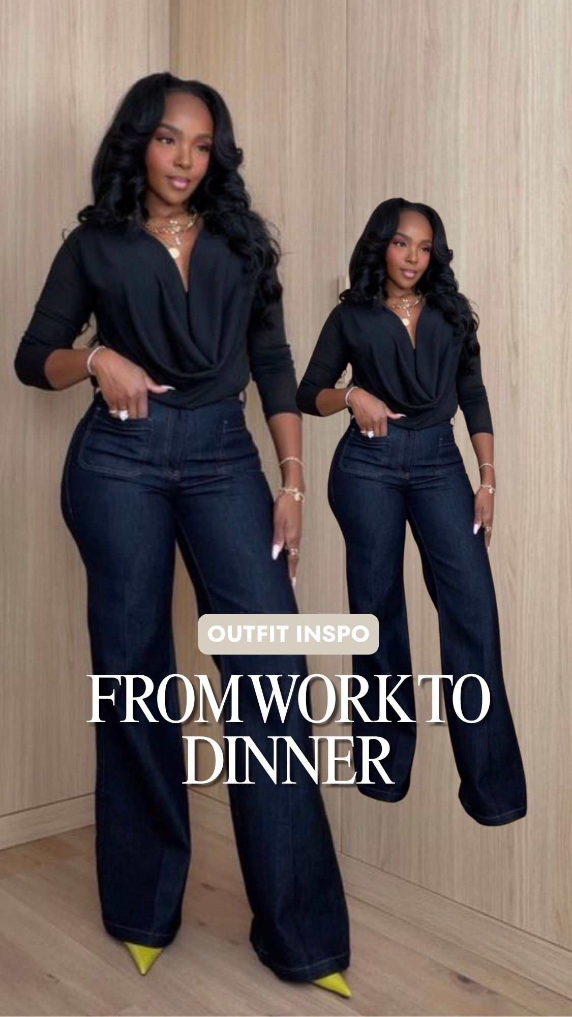 Scroll to shop! ✨ Everything from this look is linked below. 👇🏽

The ultimate work-to-dinner outfit. 🖤 A sleek black draped top paired with dark-wash wide-leg jeans gives you that polished office look without feeling overdressed—and it transitions SO easily into dinner or drinks. Add a statement heel + gold accessories and you’re done.

work to dinner outfit, office to dinner outfit, business casual outfit women, elevated workwear, black draped top, black wrap top outfit, dark wash jeans women, dark wash wide leg jeans, wide leg jeans outfit, petite wide leg jeans, curvy jeans outfit, black top and jeans outfit, classy casual outfit women, sophisticated work outfit, office outfit ideas, dinner outfit women, fall workwear, kirasfashionfinds

Wearing: Size Small/4 | 5’4” | 140 lbs | 34D-27-40

Download the FREE LTK app & follow @kirasfashionfinds

#LTKPetite #LTKWorkwear #LTKOver40