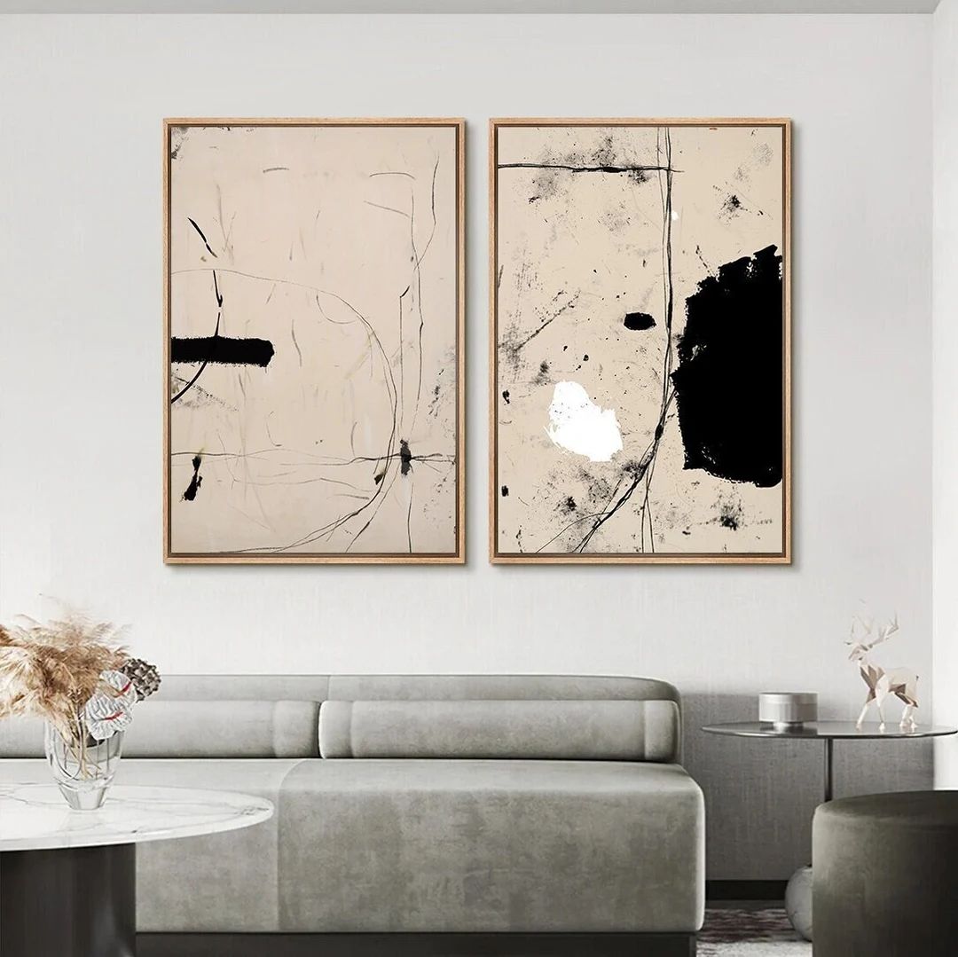 Framed Canvas Wall Art Set of 2 Abstract Black and White Prints Minimalist Modern Wall Art Neutra... | Etsy (US)