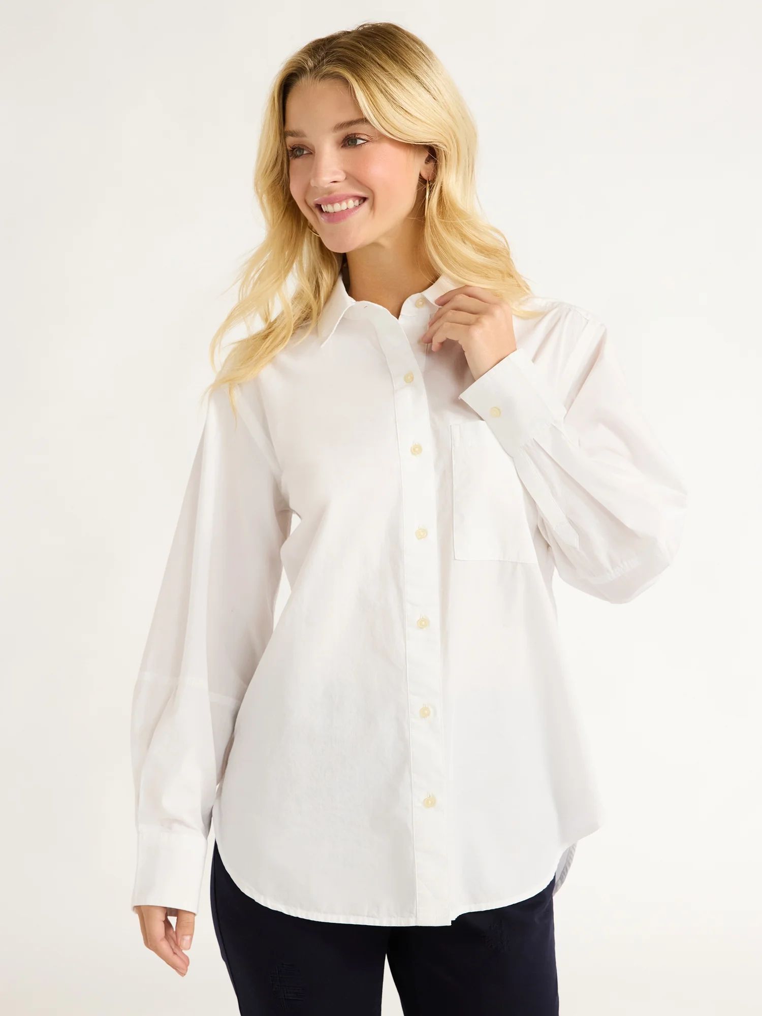 Free Assembly Women’s Button Front Boxy Cotton Tunic Shirt with Long Sleeves, Sizes XS-XXL | Walmart (US)