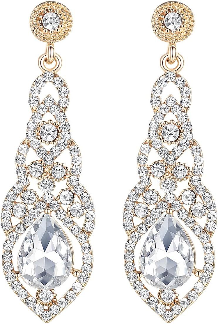 mecresh Teardrop Crystal Chandelier Dangle Earrings for Women in Silver Gold Black Champagne Red | Amazon (US)