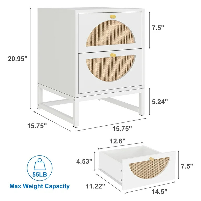 YYAo 2Pcs Nightstand, Bedside Table with 2 Natural Rattan Drawer & Metal Legs, Nightstand Side Ta... | Walmart (US)