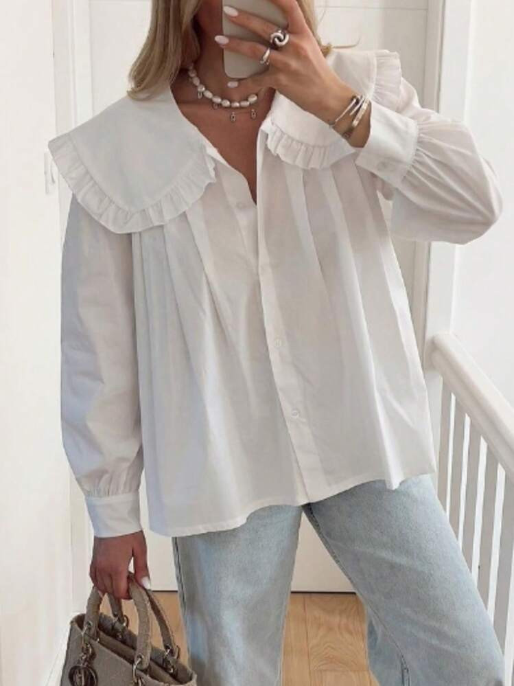 INAWLY Women's Peter Pan Collar Solid Color Pleated Casual Blouse Women Shirt,Long Sleeve Tops | SHEIN