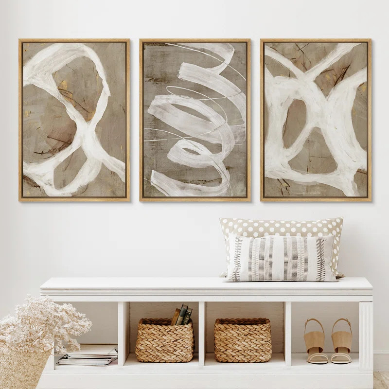 Pastel Tan Brown Green Neutral Modern ArtworkAbstract Picture Framed Canvas 3 Piece Print Wall Ar... | Wayfair North America