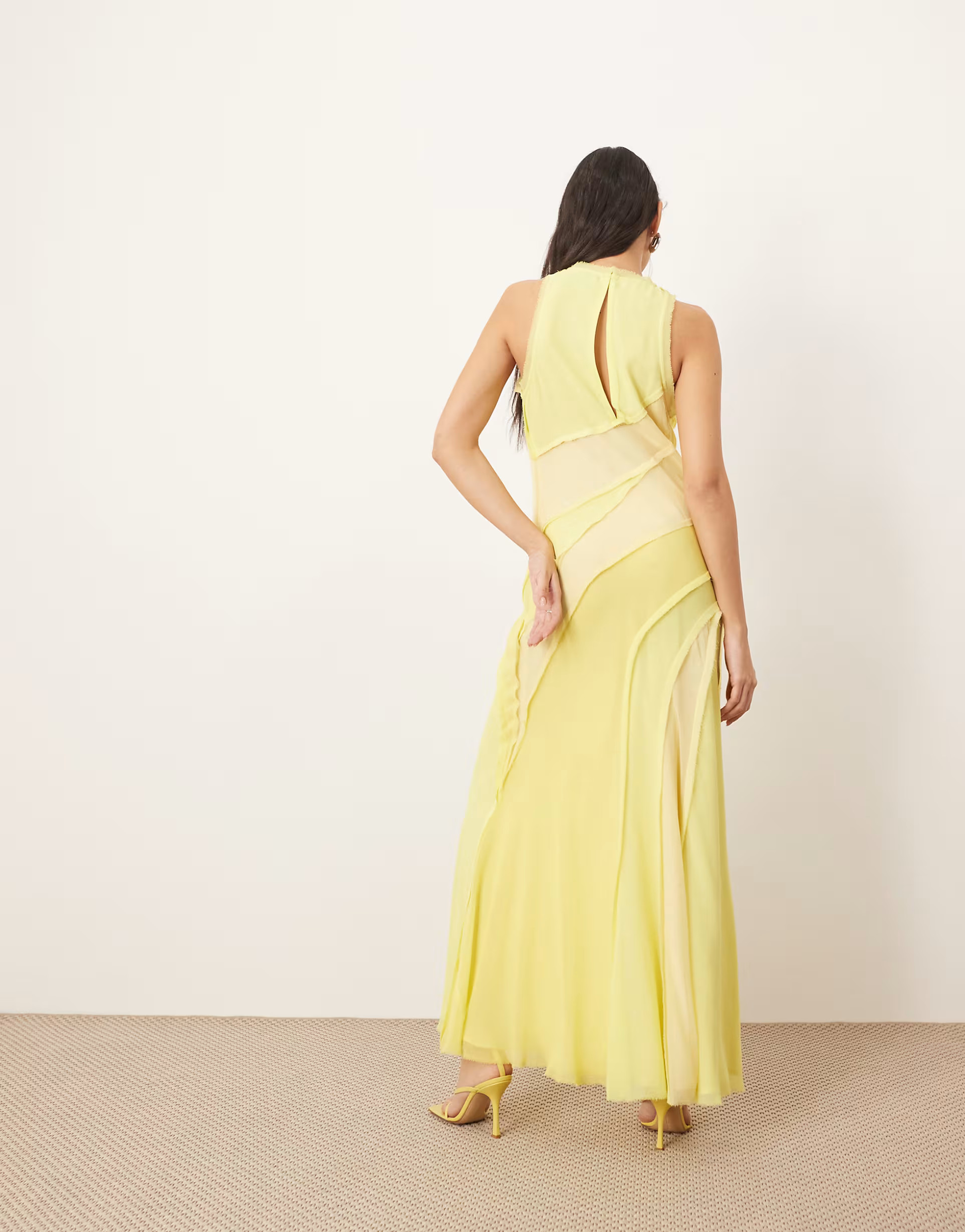 ARRANGE racer neck raw edge panelled maxi dress in yellow | ASOS (Global)