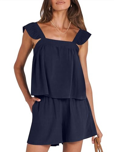 ANRABESS Women's 2 Piece Outfits Linen Set 2024 Summer Casual Sleeveless Crop Top Shorts Vacation Matching Lounge Set A1377 Navy Blue Large | Amazon (US)